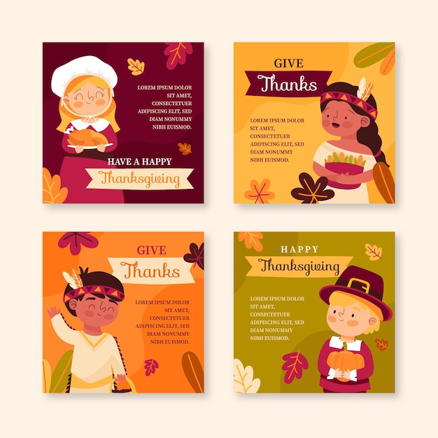 Free vector hand drawn flat thanksgiving instagram posts collection