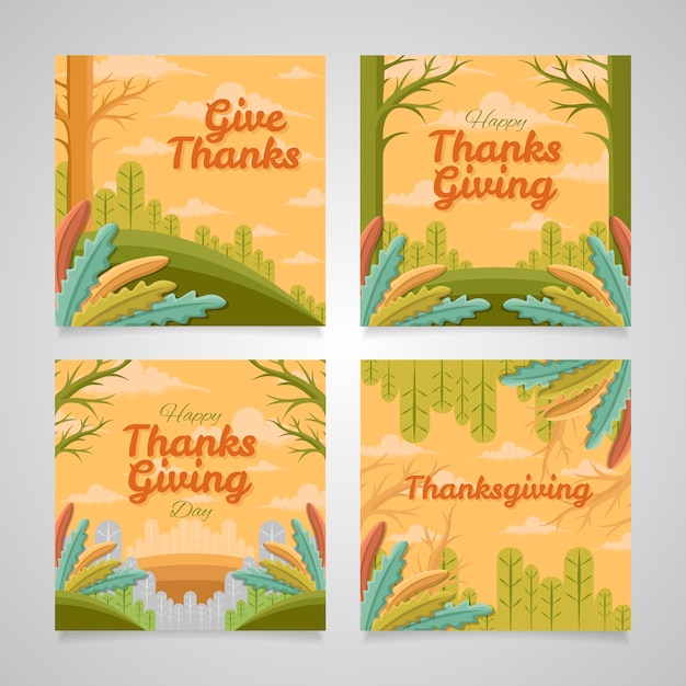 Hand drawn flat thanksgiving instagram posts collection