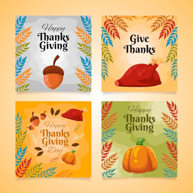 Hand drawn flat thanksgiving instagram posts collection