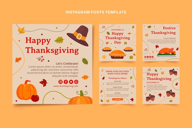 Free vector hand drawn flat thanksgiving instagram posts collection