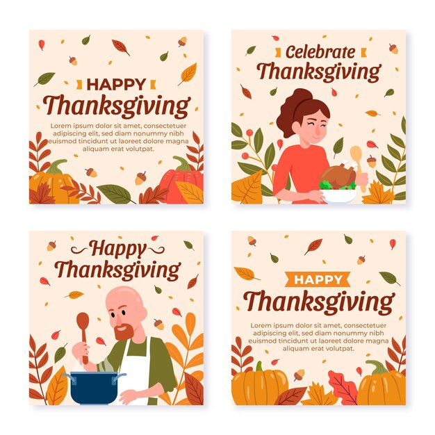 Hand drawn flat thanksgiving instagram posts collection