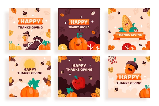 Hand drawn flat thanksgiving instagram posts collection