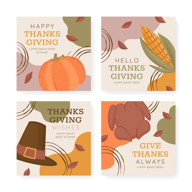 Free vector hand drawn flat thanksgiving instagram posts collection