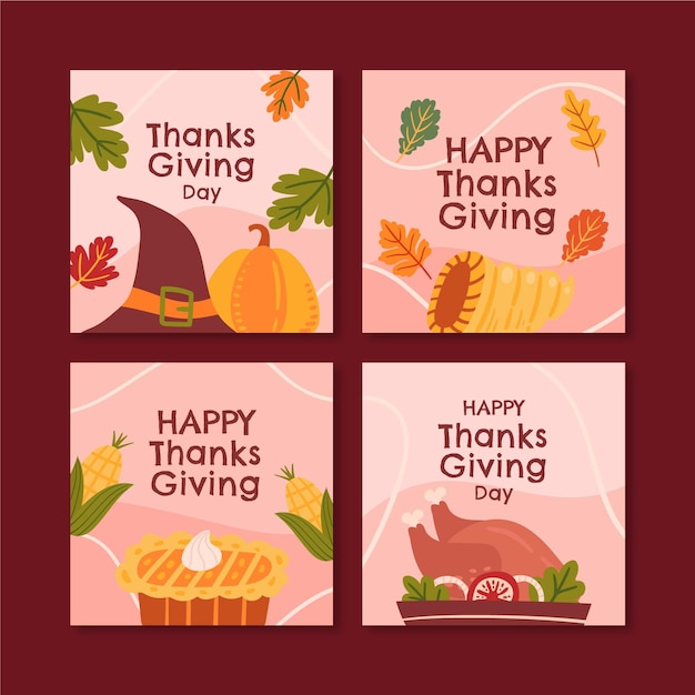 Vettore gratuito collezione di post di instagram di ringraziamento piatto disegnato a mano