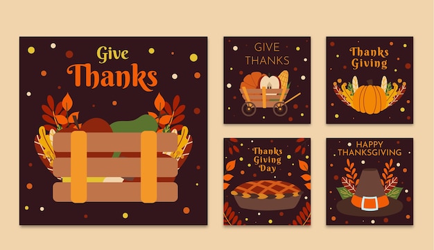 Hand drawn flat thanksgiving instagram posts collection