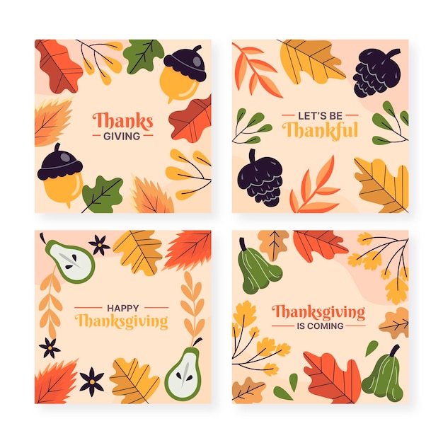 Hand drawn flat thanksgiving instagram posts collection