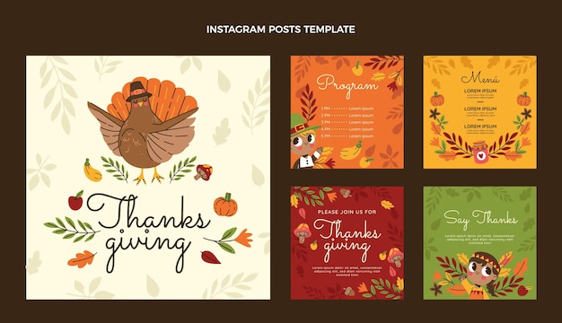 Hand drawn flat thanksgiving instagram posts collection