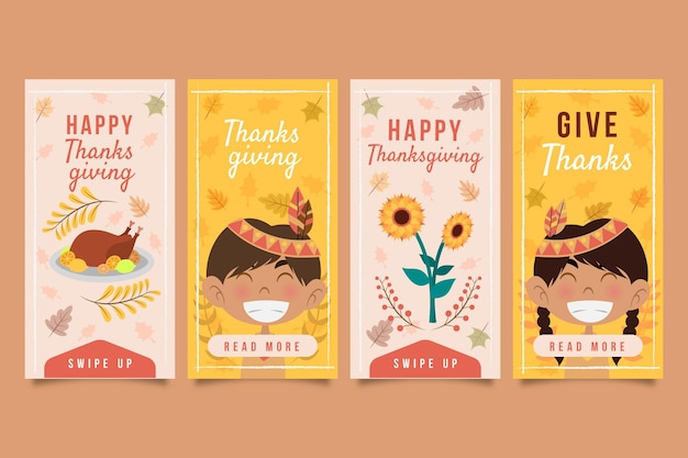 Hand drawn flat thanksgiving instagram stories collection