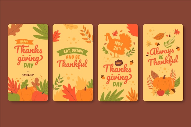 Free vector hand drawn flat thanksgiving instagram stories collection