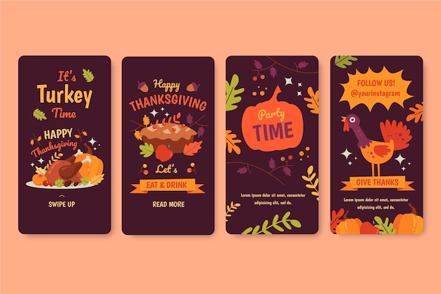 Free vector hand drawn flat thanksgiving instagram stories collection