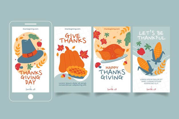 Hand drawn flat thanksgiving instagram stories collection