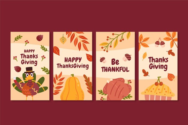 Raccolta di storie di instagram di ringraziamento piatto disegnato a mano