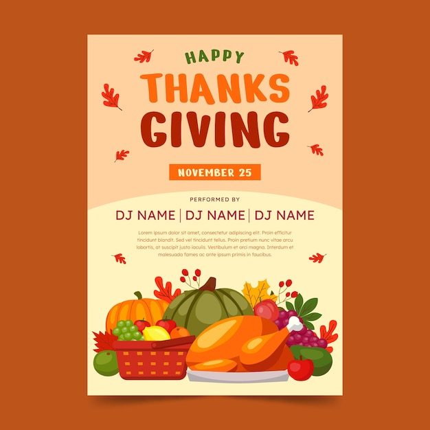 Hand drawn flat thanksgiving vertical poster template