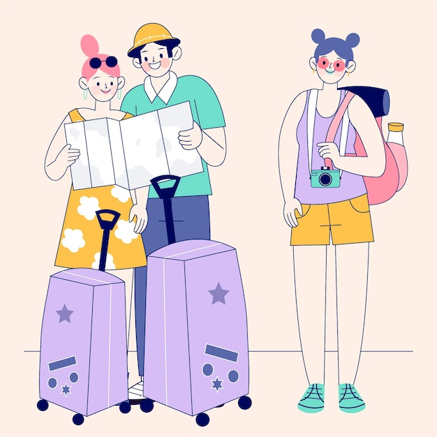 Hand drawn flat tourists set