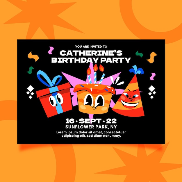 Free vector hand drawn flat trendy cartoon birthday invitation template