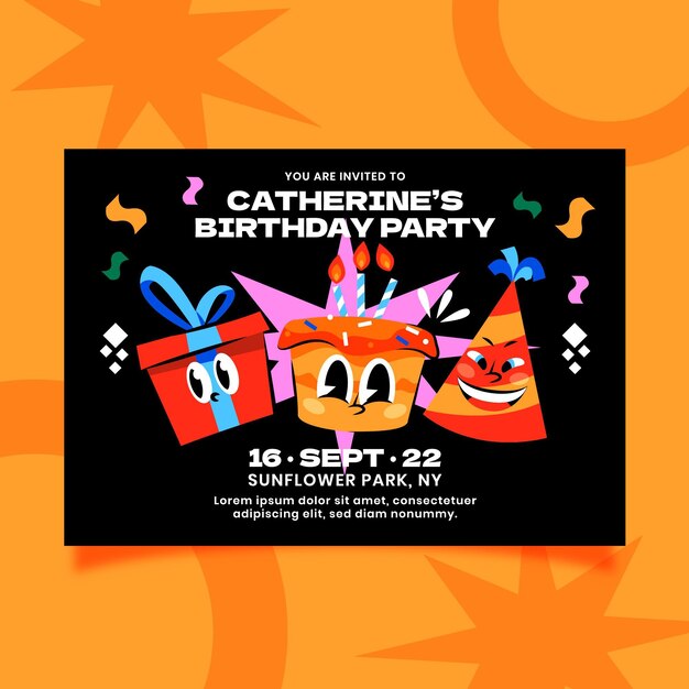 Hand drawn flat trendy cartoon birthday invitation template