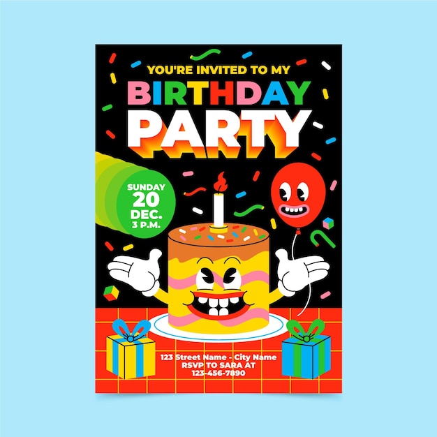 Free vector hand drawn flat trendy cartoon birthday invitation