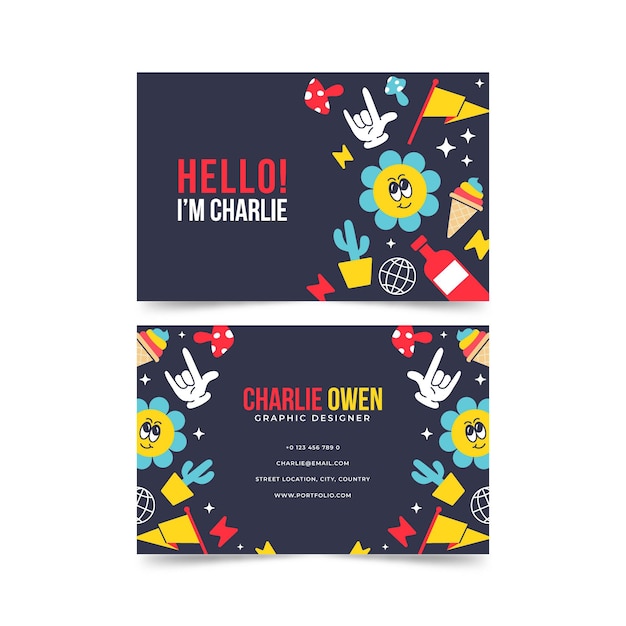 Hand drawn flat trendy cartoon business card template