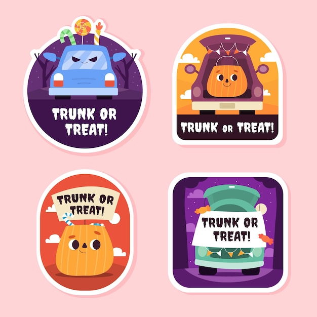 Hand drawn flat trunk or treat badges collection
