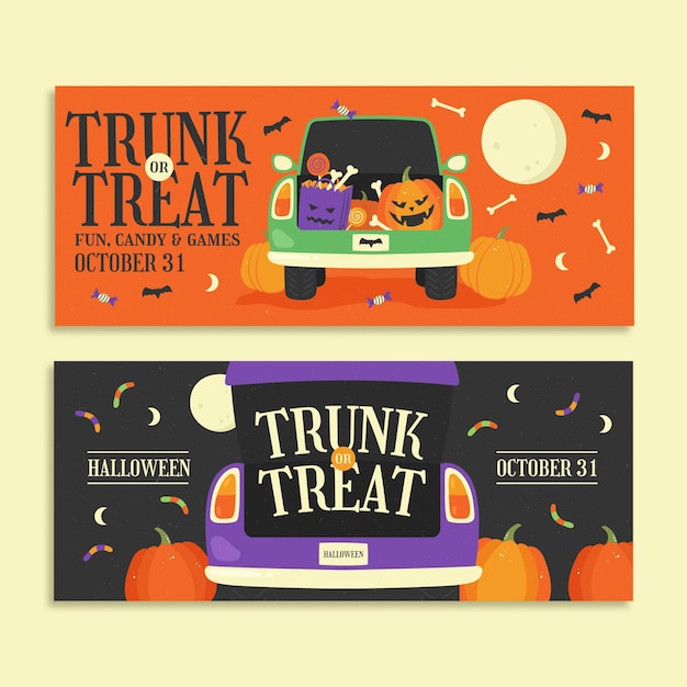 Free vector hand drawn flat trunk or treat banners set