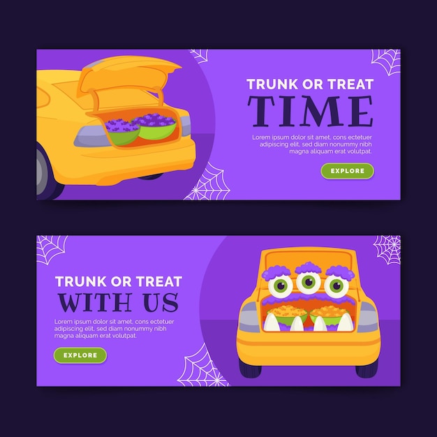 Hand drawn flat trunk or treat horizontal banners set