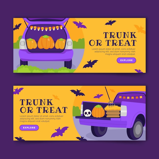 Free vector hand drawn flat trunk or treat horizontal banners set