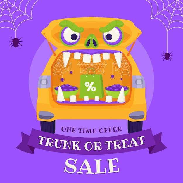 Free vector hand drawn flat trunk or treat sale illustration