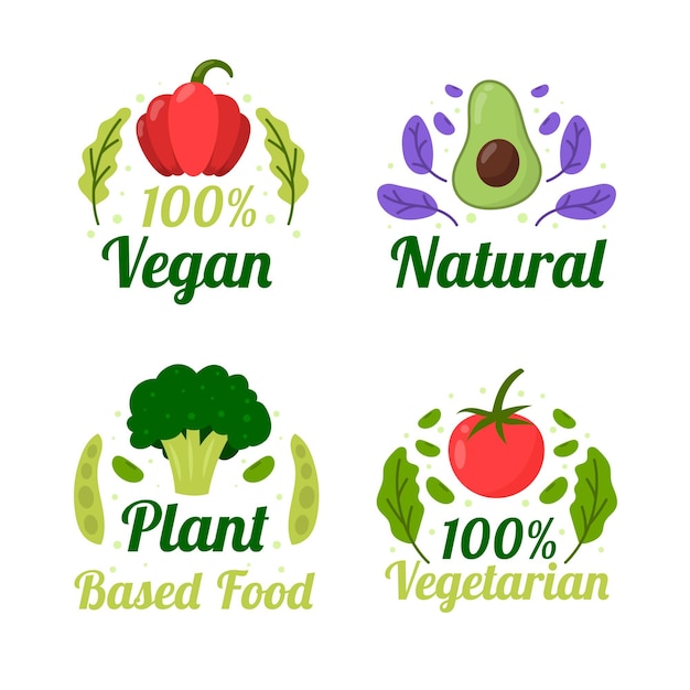 Free vector hand drawn flat vegetarian badges collection