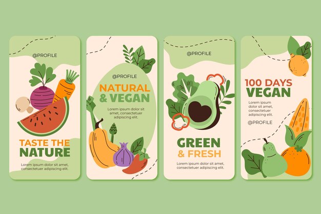 hand drawn flat vegetarian food instagram stories collection
