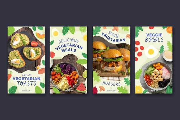 손으로 그린 평면 채식 음식 Instagram 이야기 모음