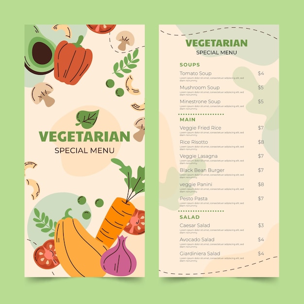 Modello di menu di cibo vegetariano piatto disegnato a mano