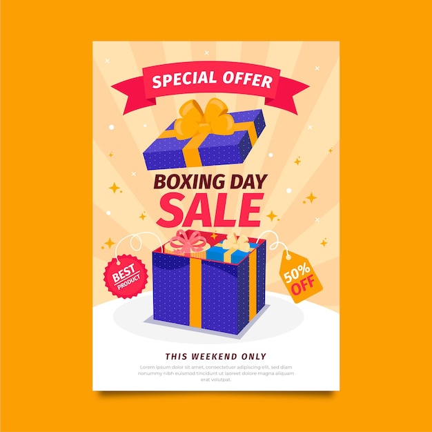 Hand drawn flat vertical boxing day sale poster template with present box