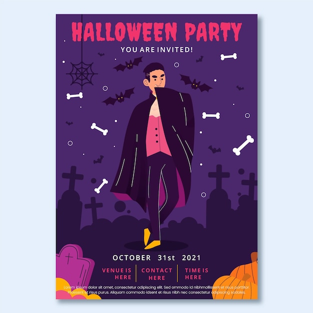 Hand drawn flat vertical halloween party flyer template