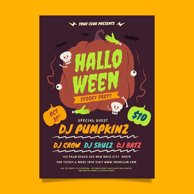 Hand drawn flat vertical halloween party flyer template