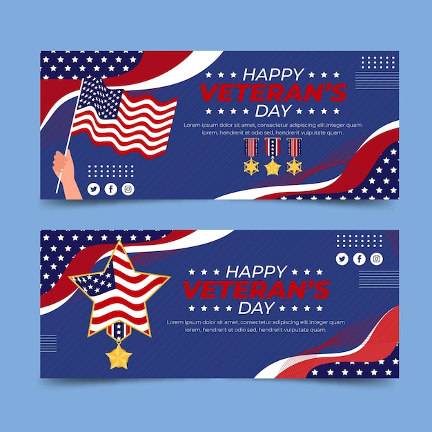 Hand drawn flat veteran's day horizontal banners set