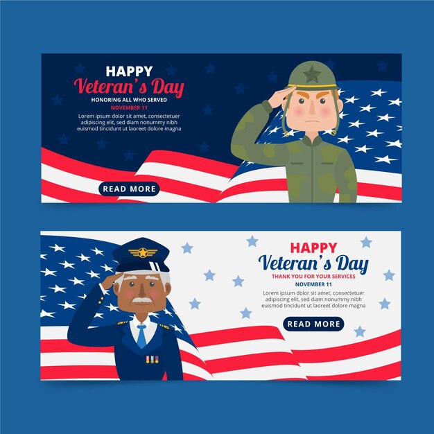 Hand drawn flat veteran's day horizontal banners set