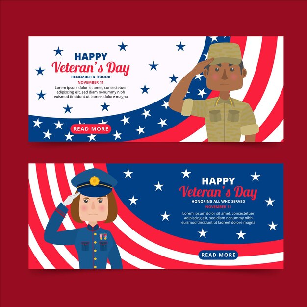 Free vector hand drawn flat veteran's day horizontal banners set