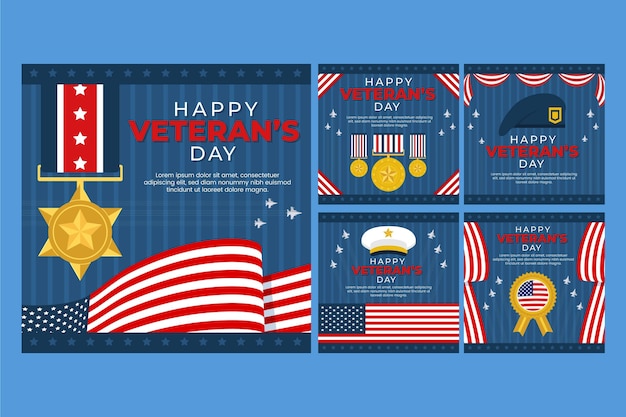 Hand drawn flat veteran's day instagram posts collection