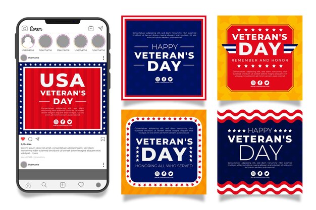 Hand drawn flat veteran's day instagram posts collection