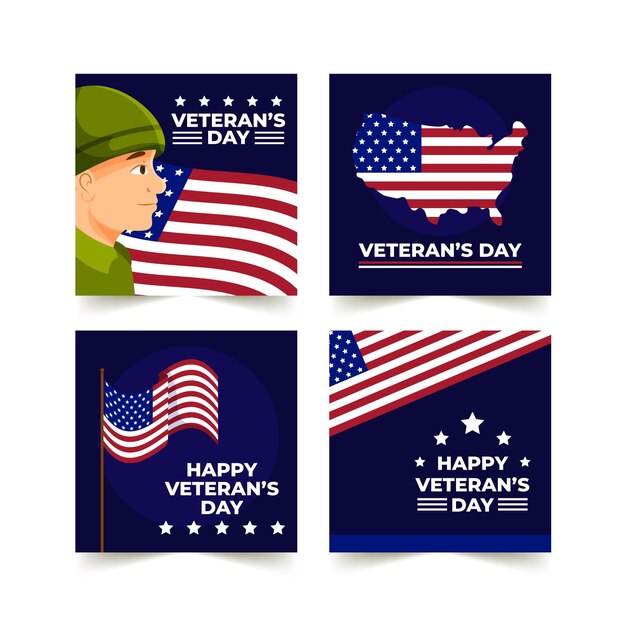 Free vector hand drawn flat veteran's day instagram posts collection