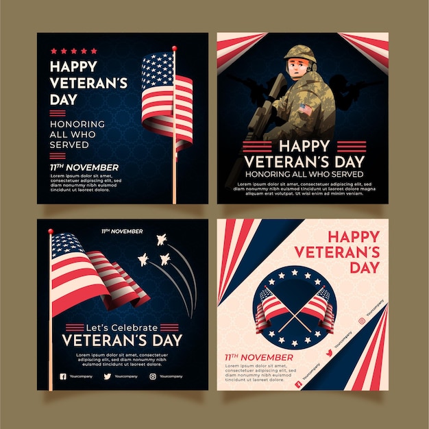 Free vector hand drawn flat veteran's day instagram posts collection