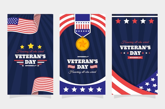 Free vector hand drawn flat veteran's day instagram stories collection