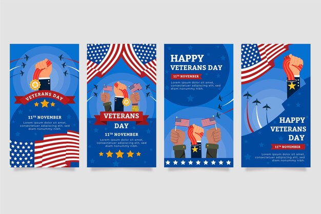 Hand drawn flat veteran's day instagram stories collection