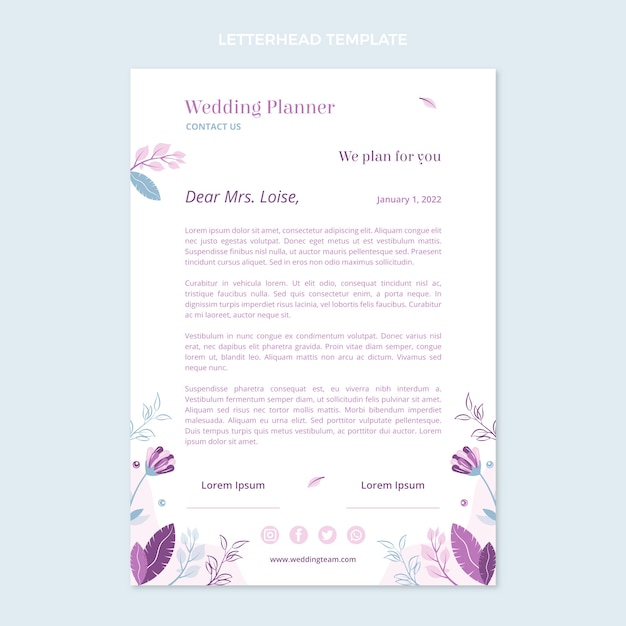 Vettore gratuito carta intestata di wedding planner piatta disegnata a mano