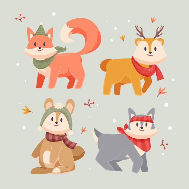 Hand drawn flat winter animals collection