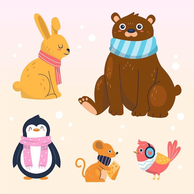 Free vector hand drawn flat winter animals collection