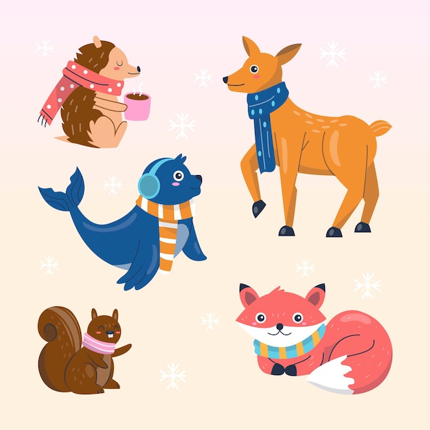 Free vector hand drawn flat winter animals collection