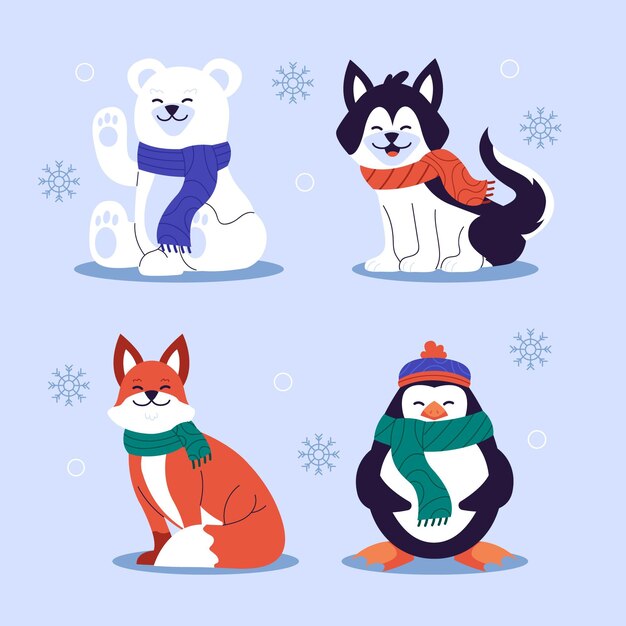 Hand drawn flat winter animals collection