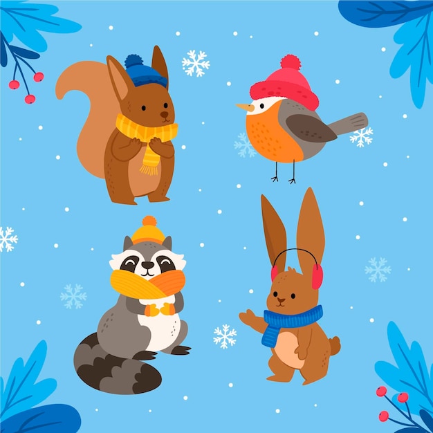 Free vector hand drawn flat winter animals collection