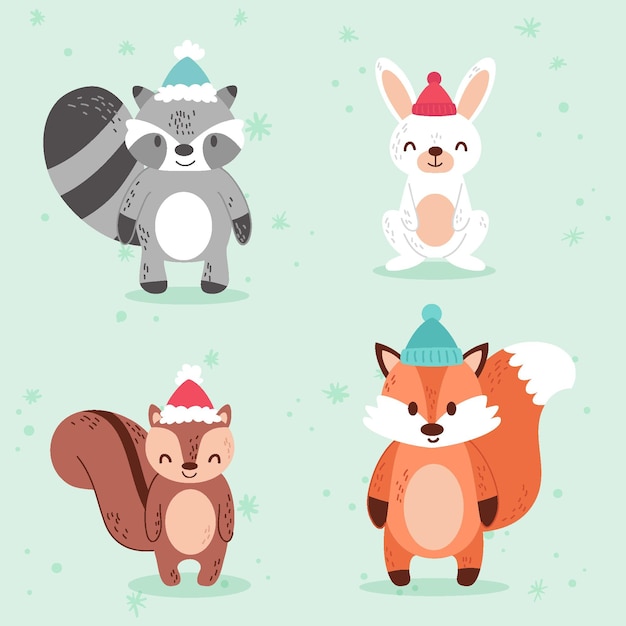 Free vector hand drawn flat winter animals collection